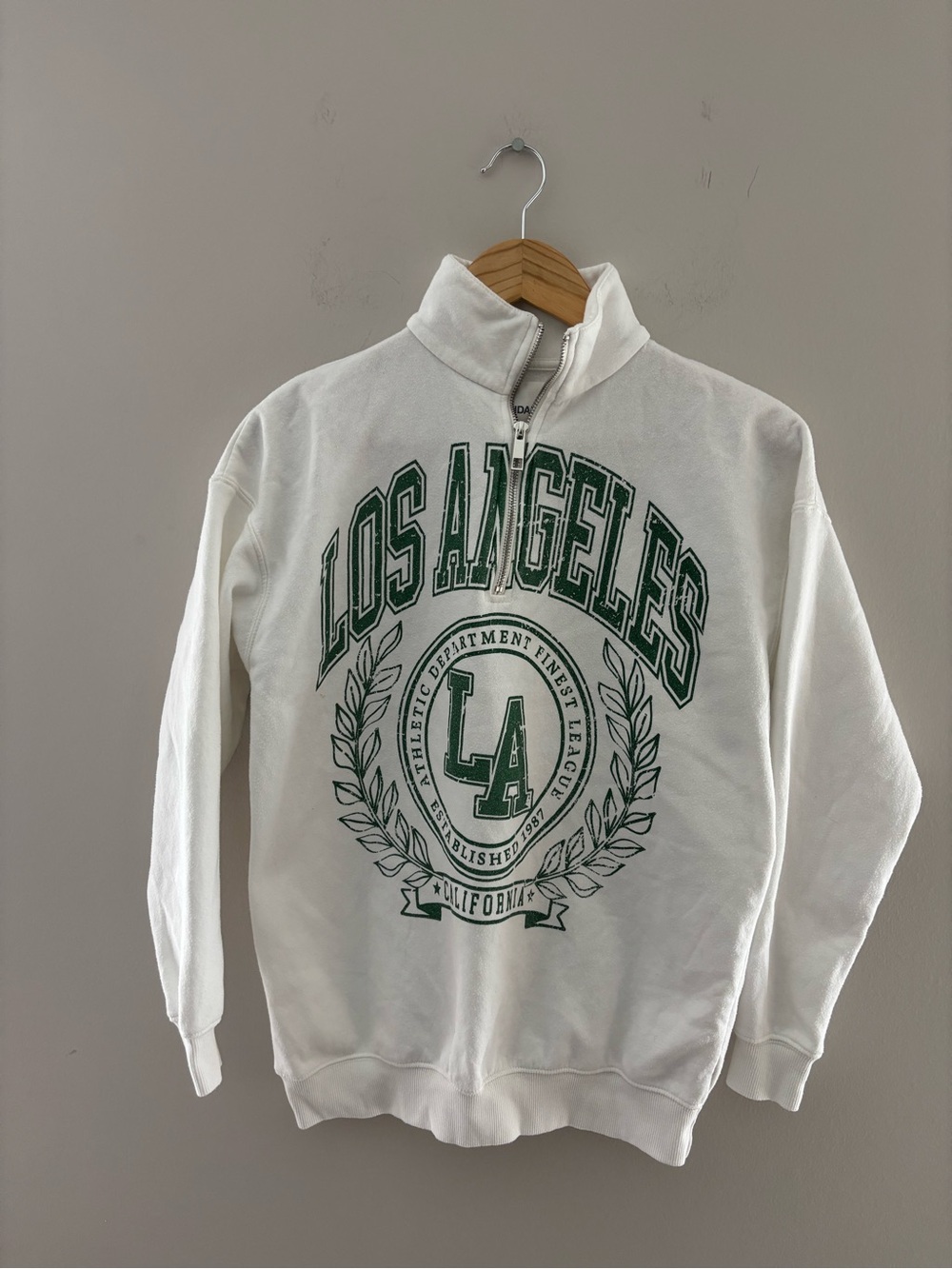 Los Angeles White Quarter Zip Pullover Green Graphic Sweatshirt Size XXS